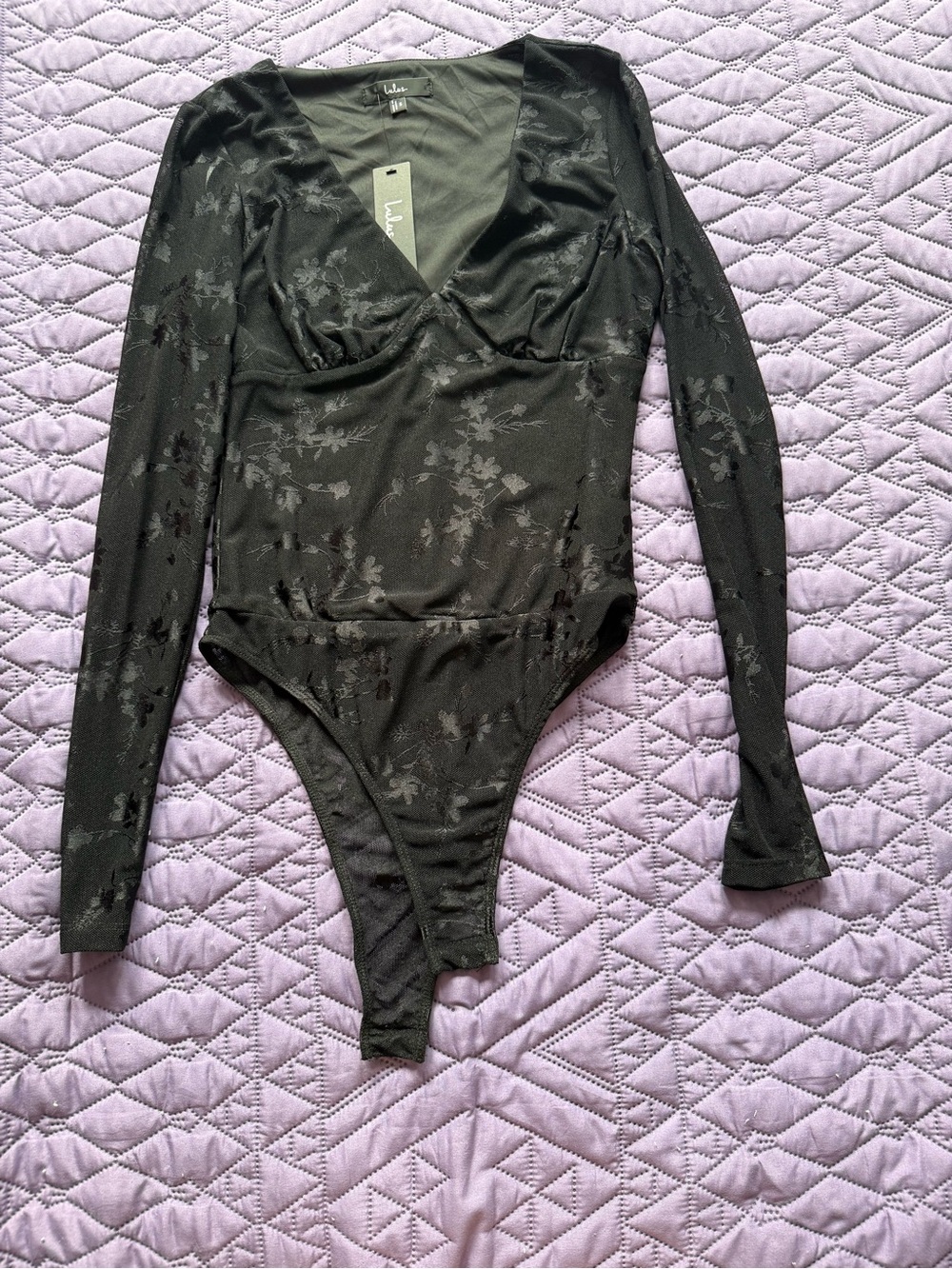 Lulu's Black Floral Mesh Long-Sleeve Bodysuit with V-Neck